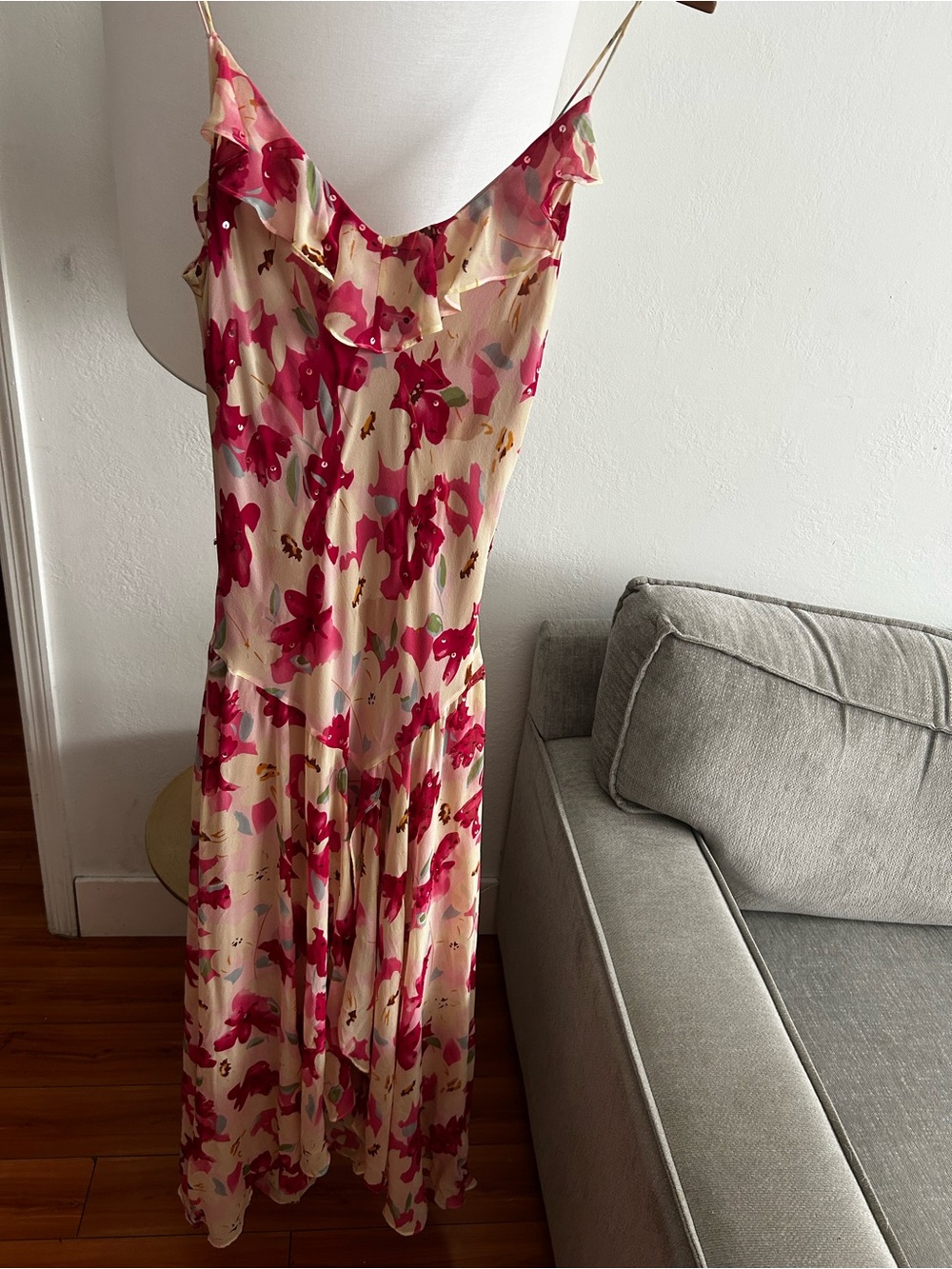 Vtg Nina Austin Silk Slip Dress Y2K Floral Fairy 90’s Ruffle High Low Sequins L